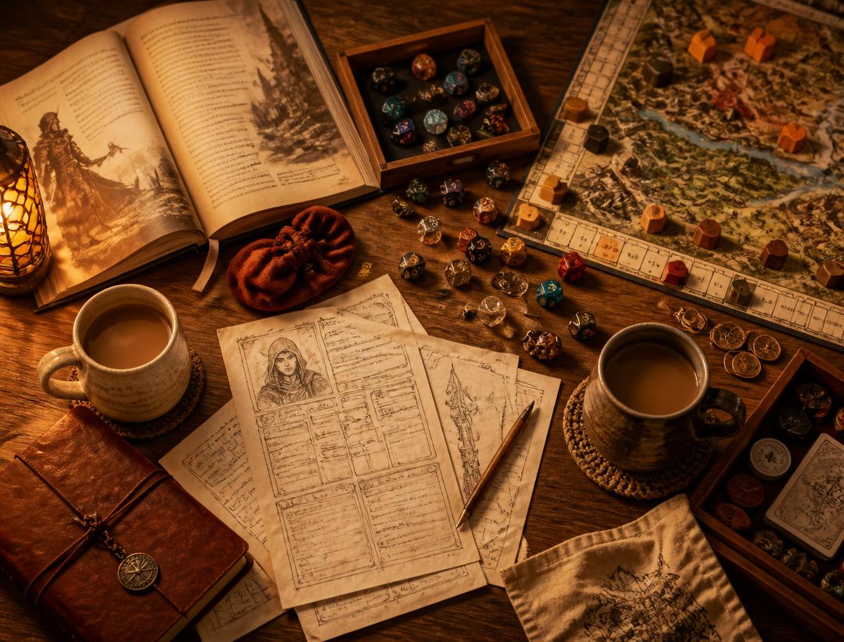 Mesa de jogo com dados, livro de RPG, fichas de personagem e tabuleiro sob luz de lâmpada